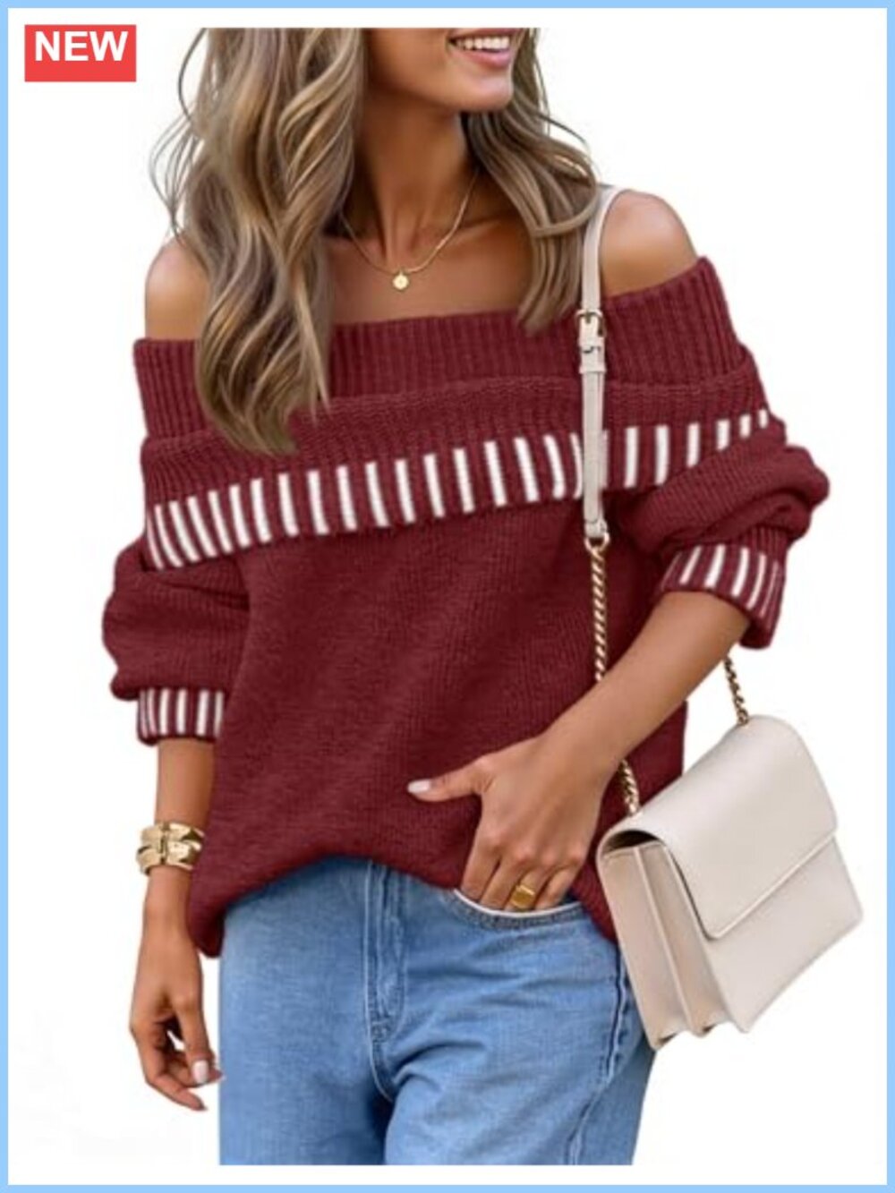 Off Shoulder Knit Sweater Striped Pullover Long Sleeve Women's Fall Winter Top